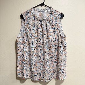 Women’s Sleeveless Floral Blouse Botanicals Sz XL SimpleFun Ruffled High Neck